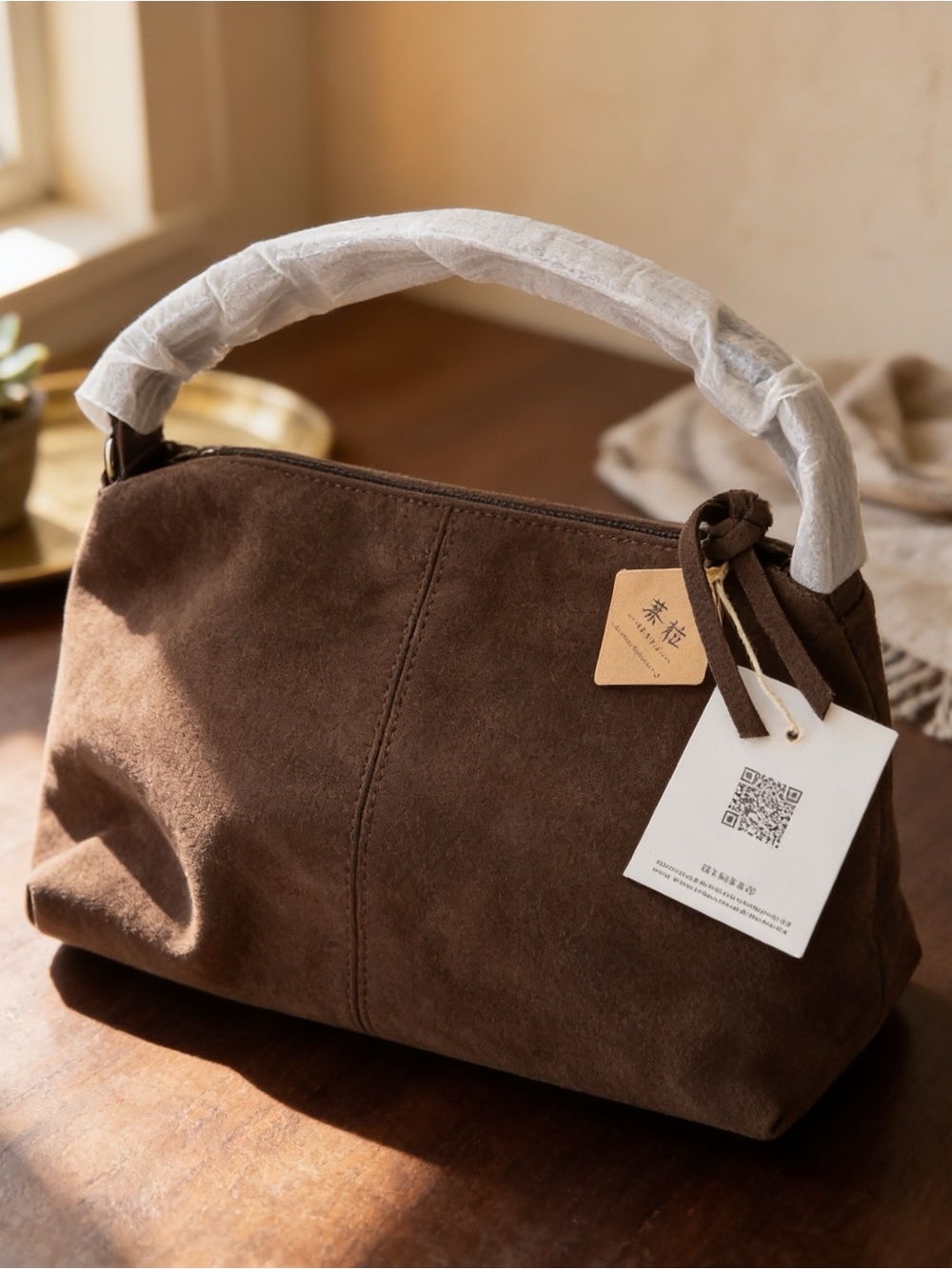 Hobo Brown Suede Shoulder Bag with Top Handle